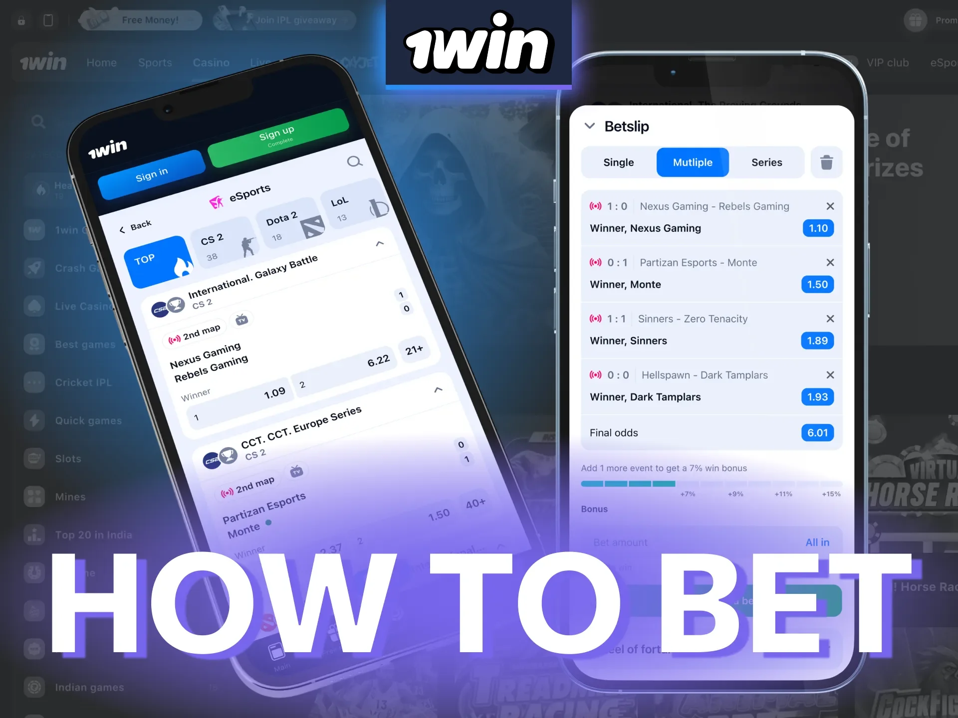 Bet on eSports with 1win app by installing and choosing your favorite game.