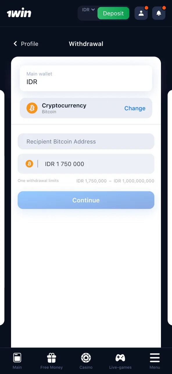 Enter your 1win withdrawal amount within the allowed limits.